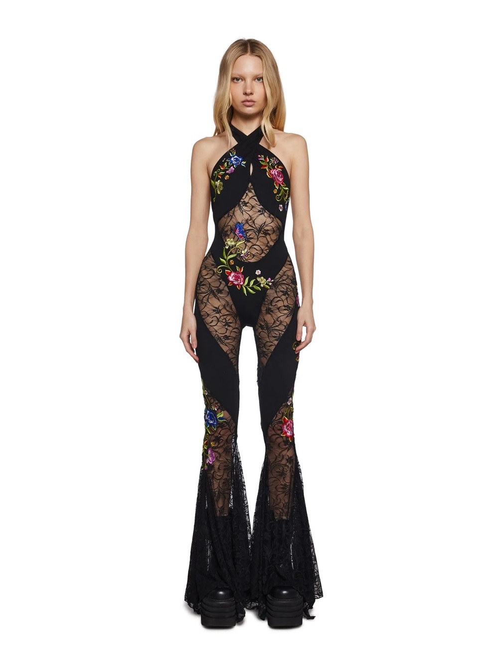 Dolls Kill Black Floral Embroidered Wide-Leg Jumpsuit